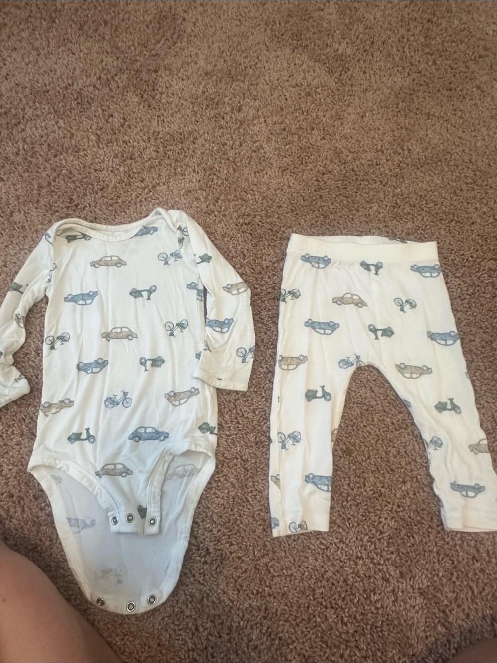Carter's White Baby Bodysuit & Pants Set with Blue and Tan Vehicle Print
